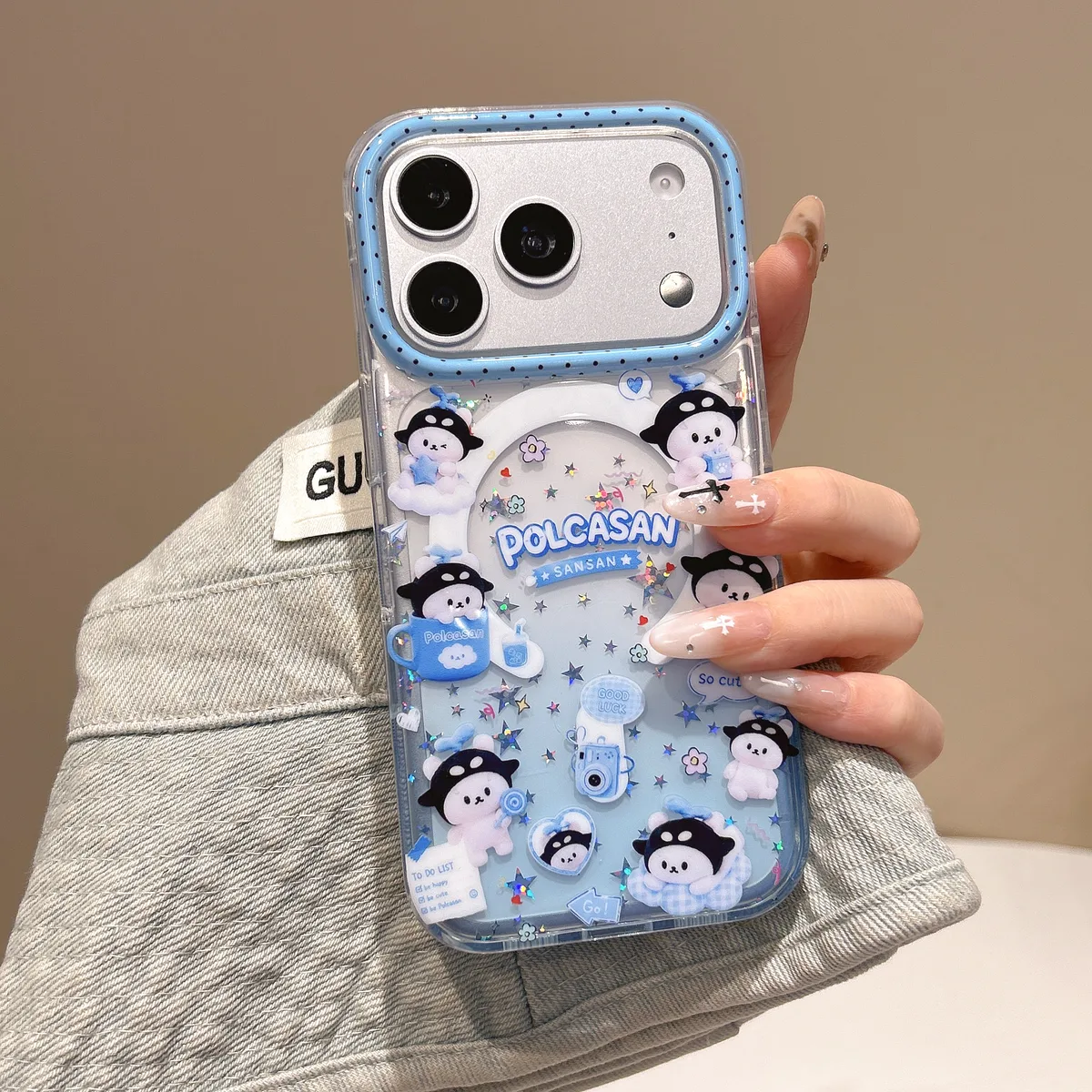 Cute Blue Glitter Penguins Phone Case with Detachable Beaded Strap for iPhone 17 16 15 14 13 Pro Max — MagSafe