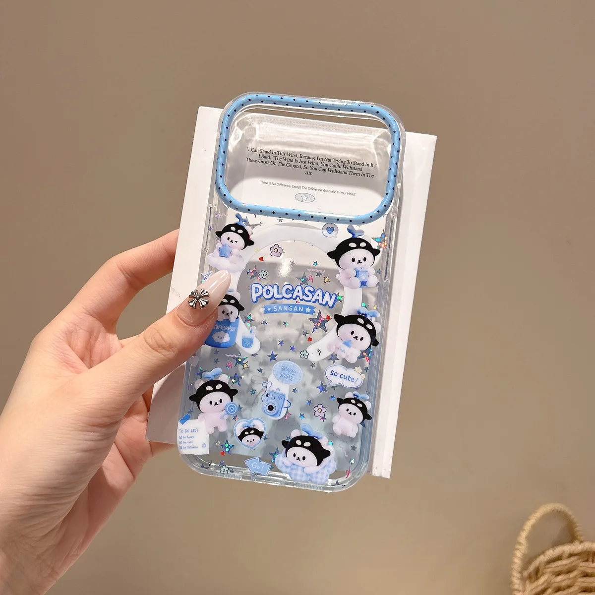 Cute Blue Glitter Penguins Phone Case with Detachable Beaded Strap for iPhone 17 16 15 14 13 Pro Max — MagSafe