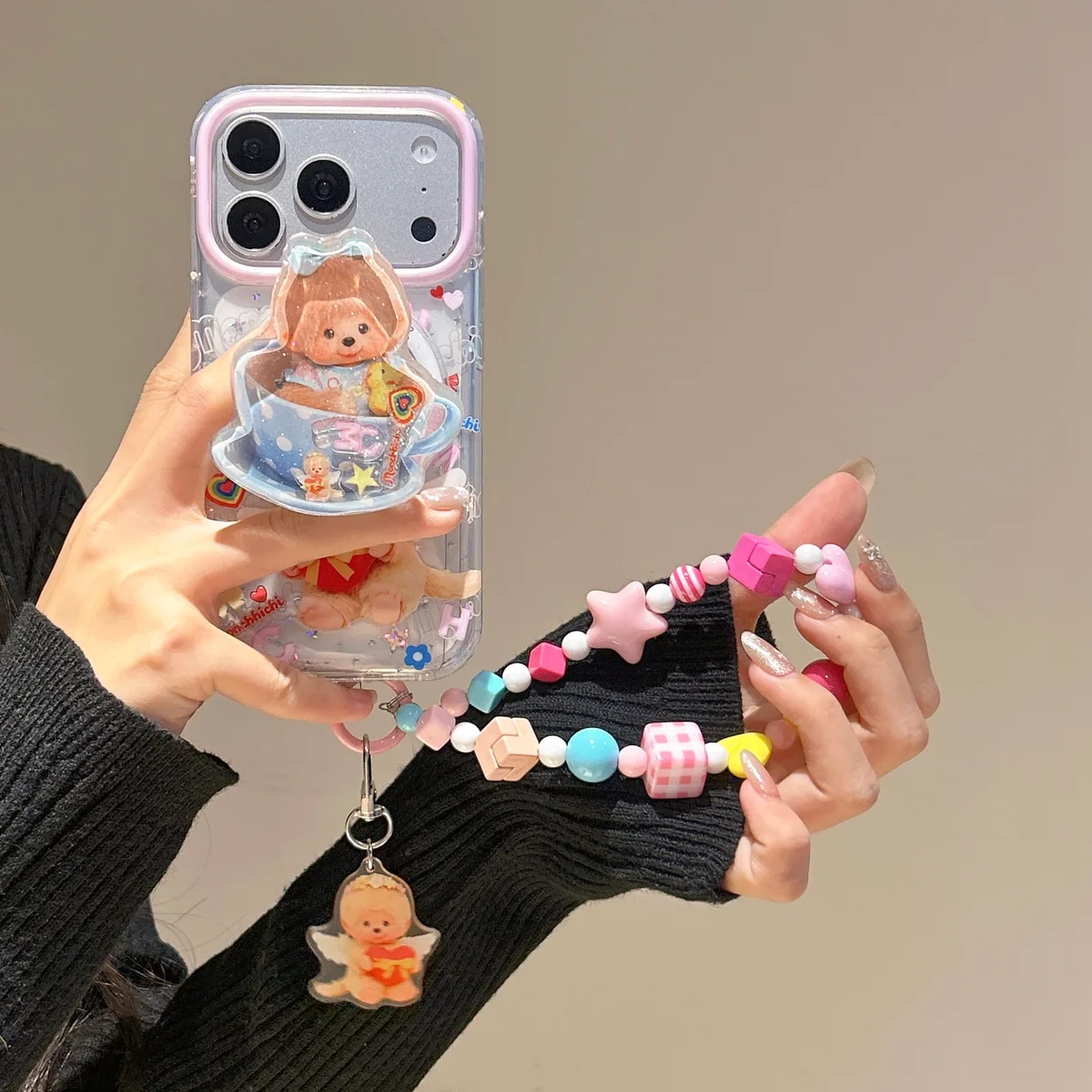 Monchhichi Teacup Pop-Up Phone Case with Beaded Strap — MagSafe