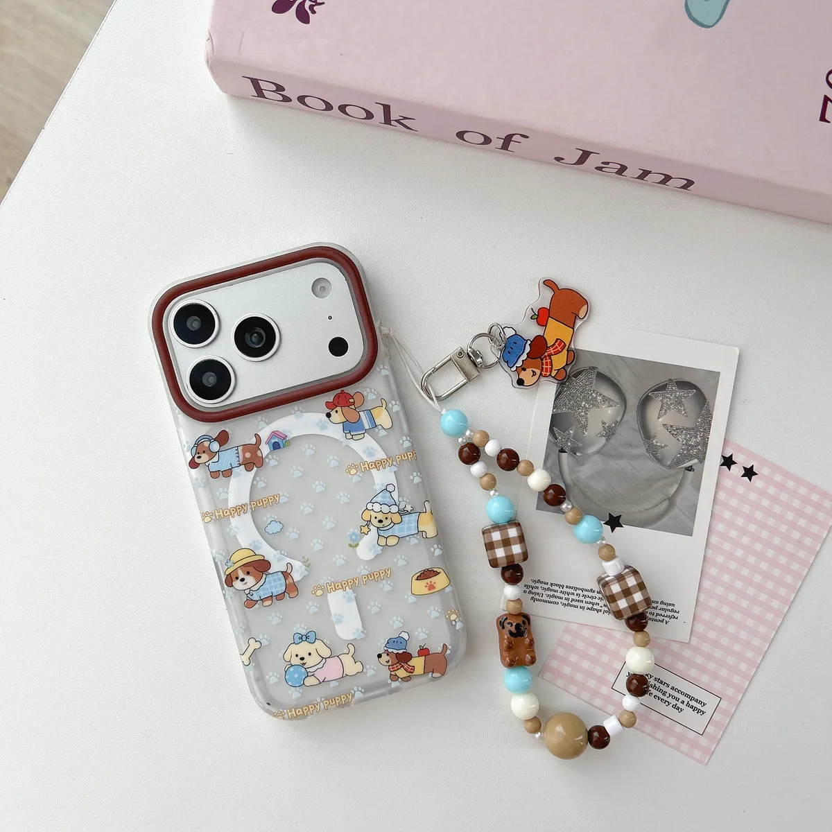 Cute Puppy Clear Phone Case with Brown Camera Frame and Beaded Charm for iPhone 17 16 15 Pro Max — MagSafe