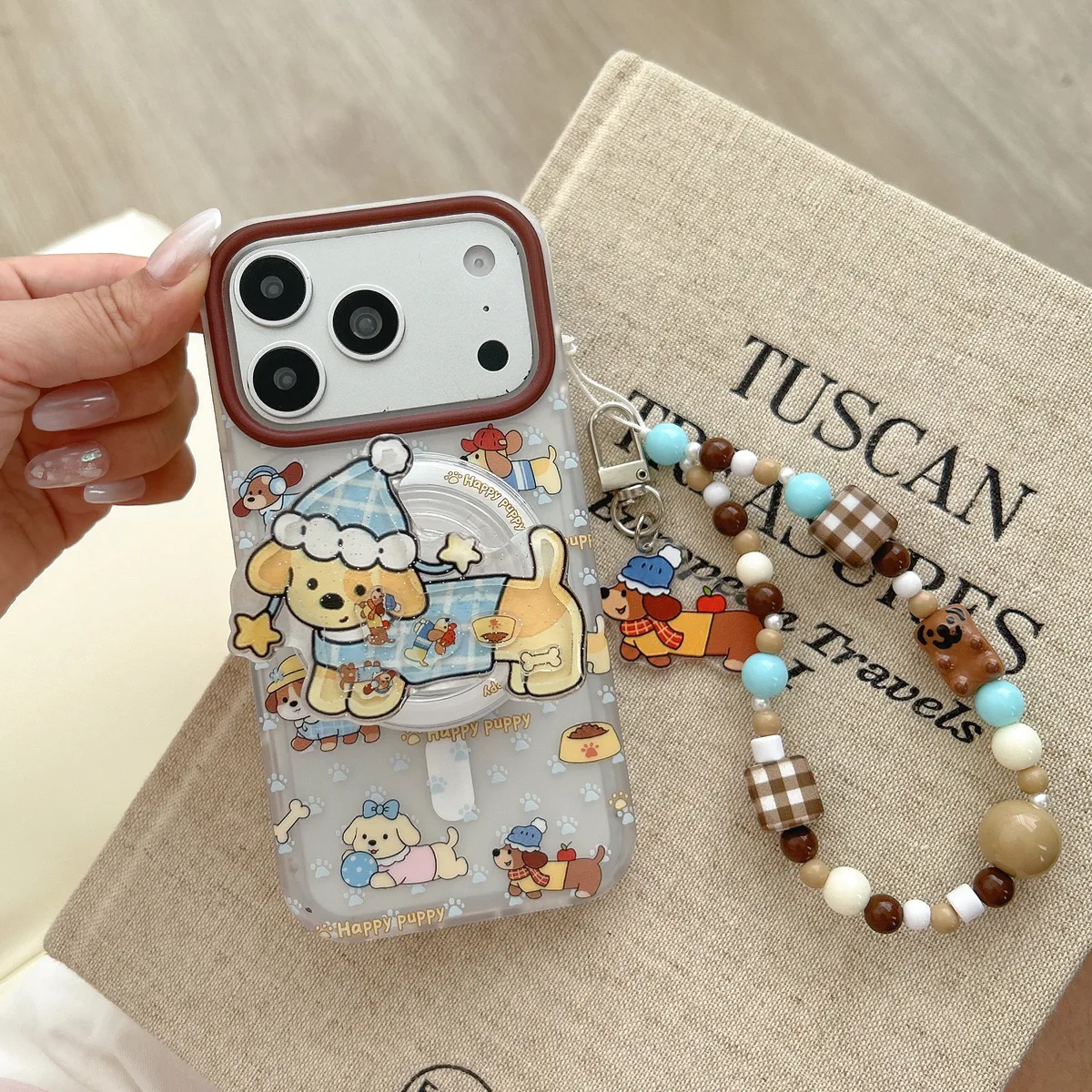 Cute Puppy Clear Phone Case with Brown Camera Frame and Beaded Charm for iPhone 17 16 15 Pro Max — MagSafe