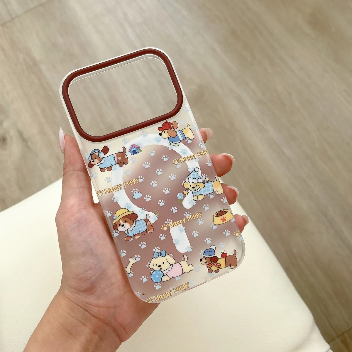 Cute Puppy Clear Phone Case with Brown Camera Frame and Beaded Charm for iPhone 17 16 15 Pro Max — MagSafe