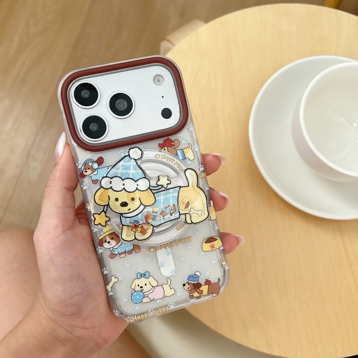 Cute Puppy Clear Phone Case with Brown Camera Frame and Beaded Charm for iPhone 17 16 15 Pro Max — MagSafe