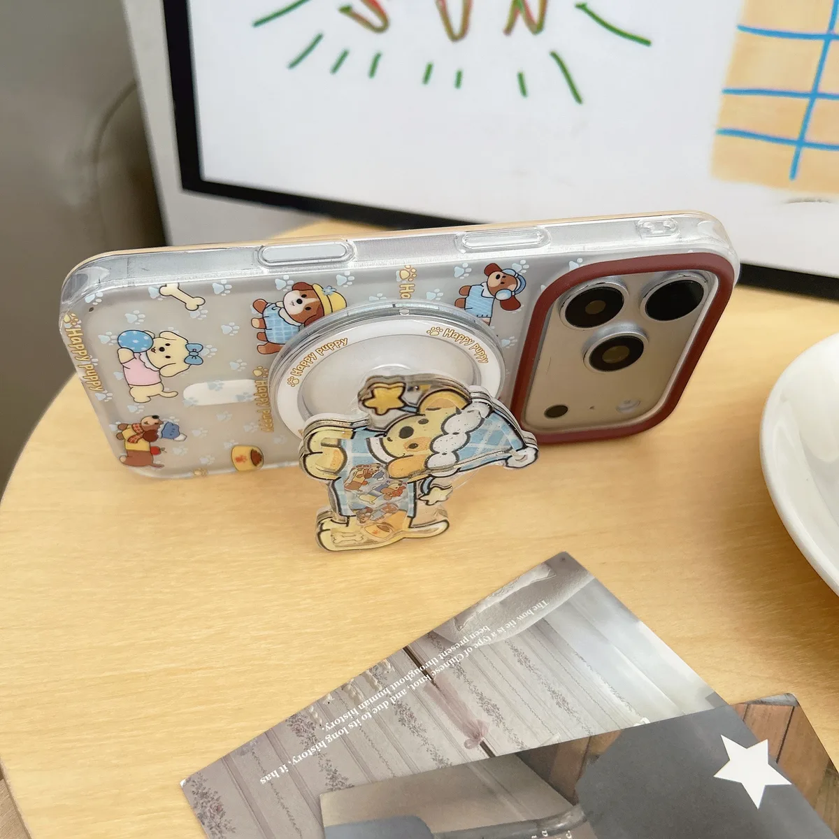 Cute Puppy Clear Phone Case with Brown Camera Frame and Beaded Charm for iPhone 17 16 15 Pro Max — MagSafe