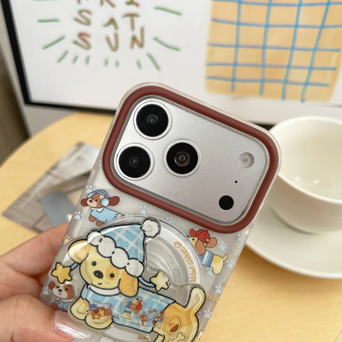 Cute Puppy Clear Phone Case with Brown Camera Frame and Beaded Charm for iPhone 17 16 15 Pro Max — MagSafe