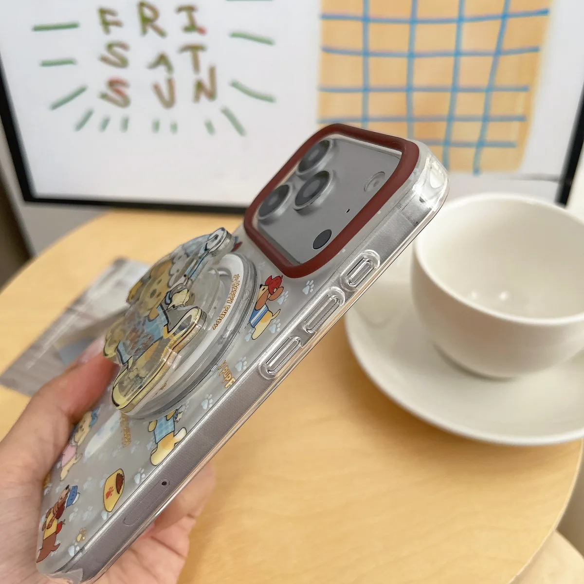 Cute Puppy Clear Phone Case with Brown Camera Frame and Beaded Charm for iPhone 17 16 15 Pro Max — MagSafe