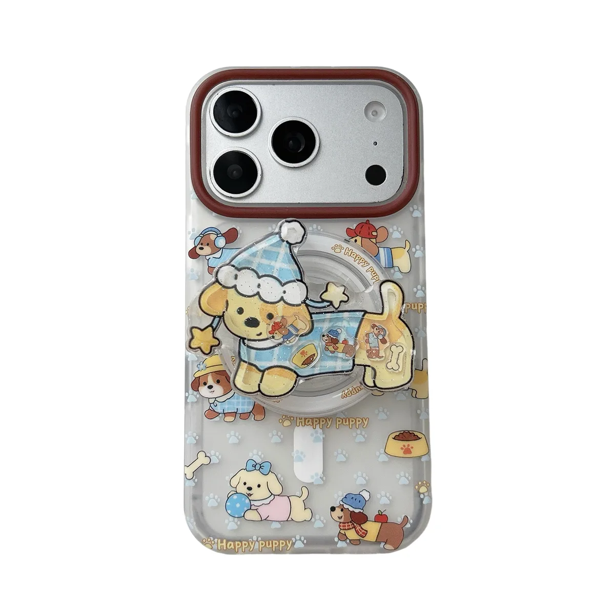 Cute Puppy Clear Phone Case with Brown Camera Frame and Beaded Charm for iPhone 17 16 15 Pro Max — MagSafe
