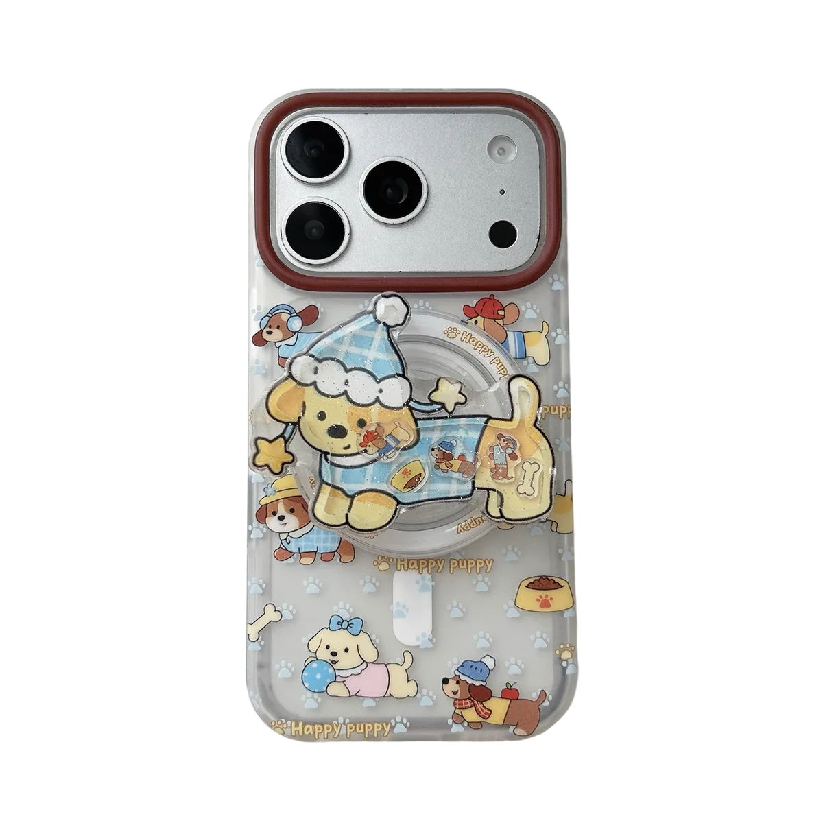 Cute Puppy Clear Phone Case with Brown Camera Frame and Beaded Charm for iPhone 17 16 15 Pro Max — MagSafe