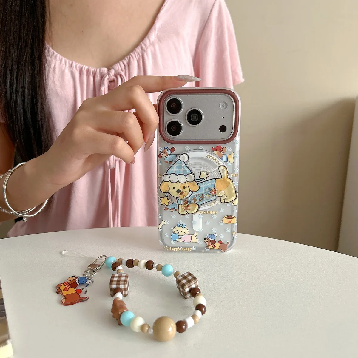 Cute Puppy Clear Phone Case with Brown Camera Frame and Beaded Charm for iPhone 17 16 15 Pro Max — MagSafe