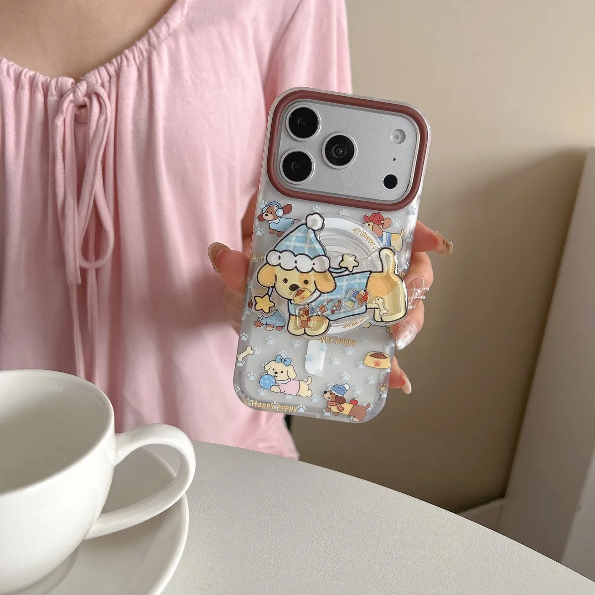 Cute Puppy Clear Phone Case with Brown Camera Frame and Beaded Charm for iPhone 17 16 15 Pro Max — MagSafe