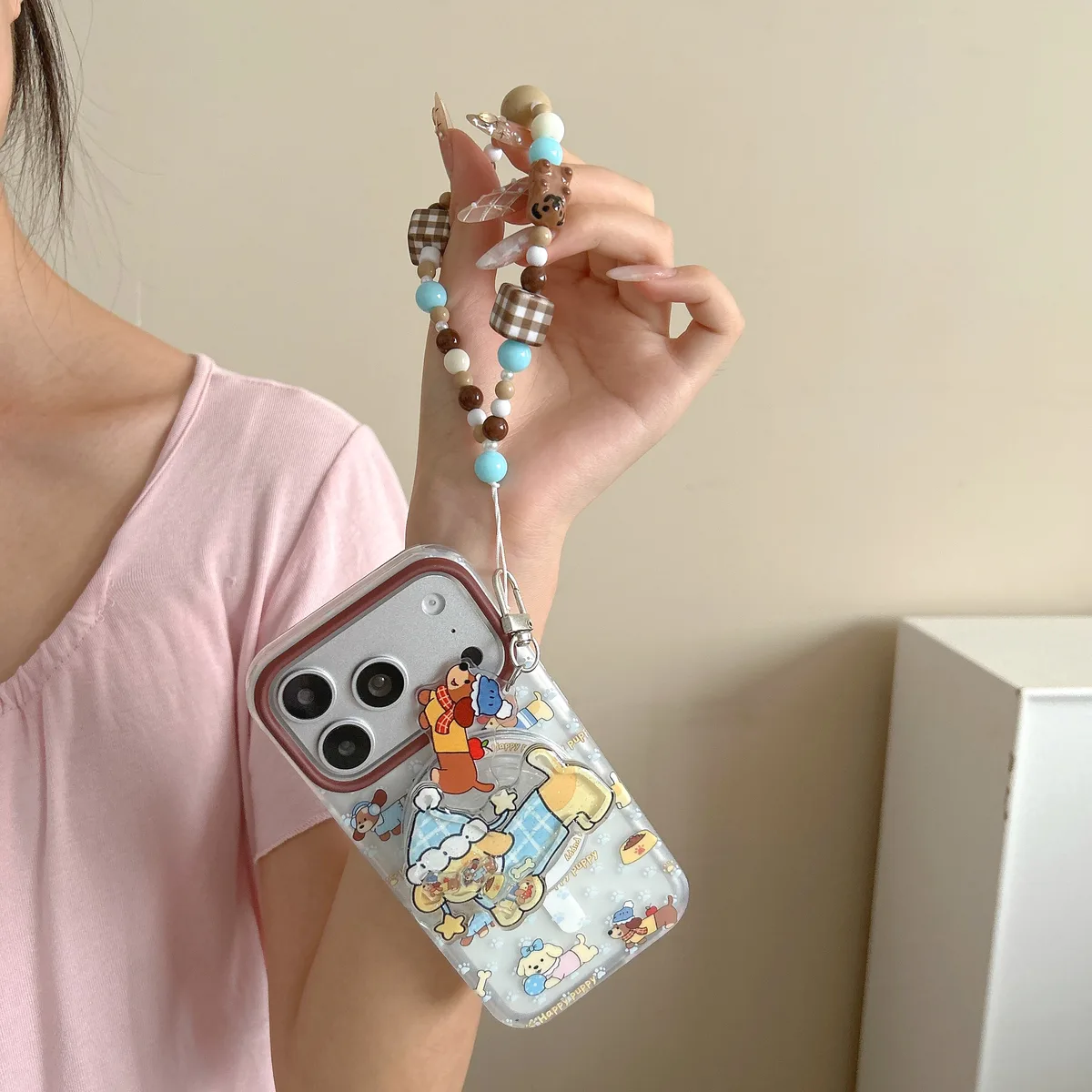 Cute Puppy Clear Phone Case with Brown Camera Frame and Beaded Charm for iPhone 17 16 15 Pro Max — MagSafe