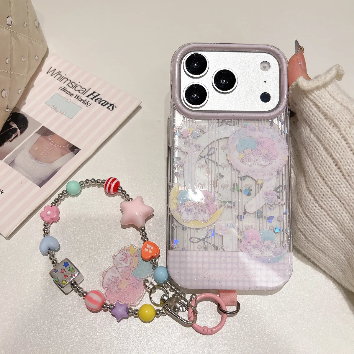 Little Twin Stars Glitter Phone Case with Beaded Strap and Pop Out Grip for iPhone 17 16 15 Pro Max