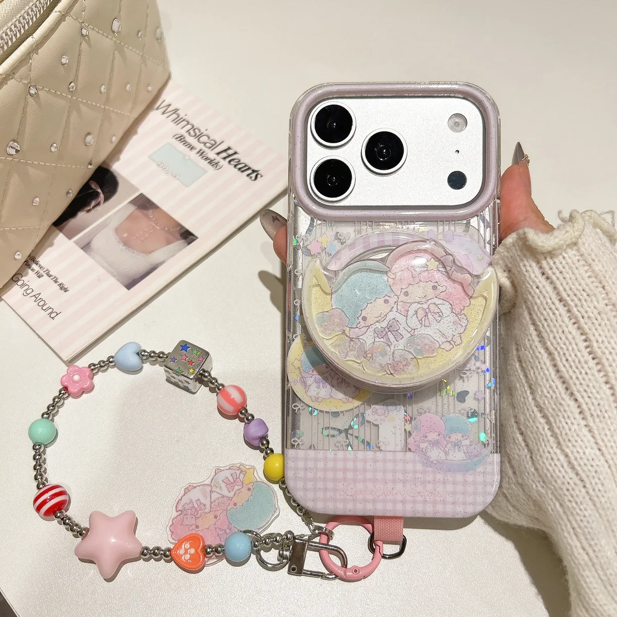 Little Twin Stars Glitter Phone Case with Beaded Strap and Pop Out Grip for iPhone 17 16 15 Pro Max