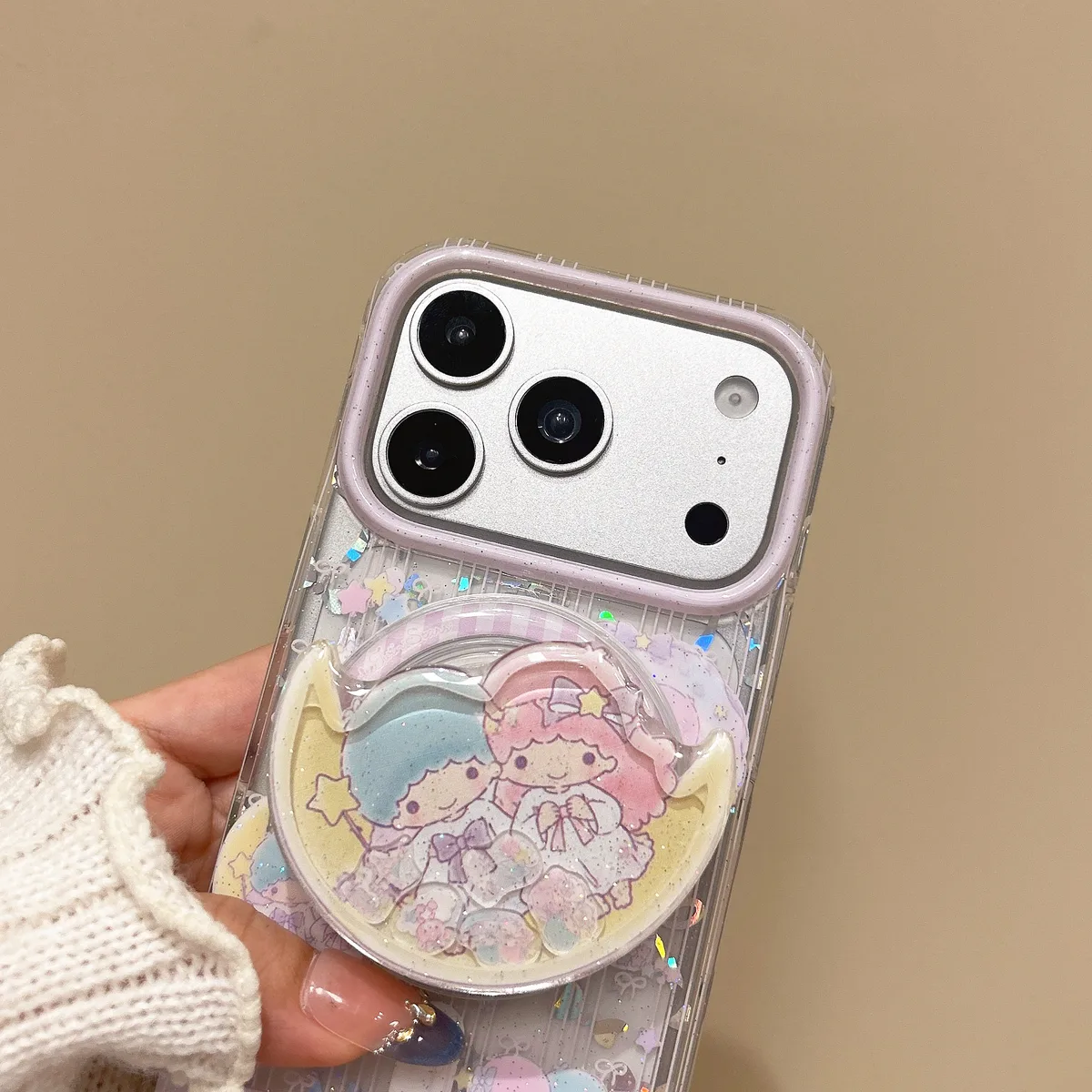 Little Twin Stars Glitter Phone Case with Beaded Strap and Pop Out Grip for iPhone 17 16 15 Pro Max