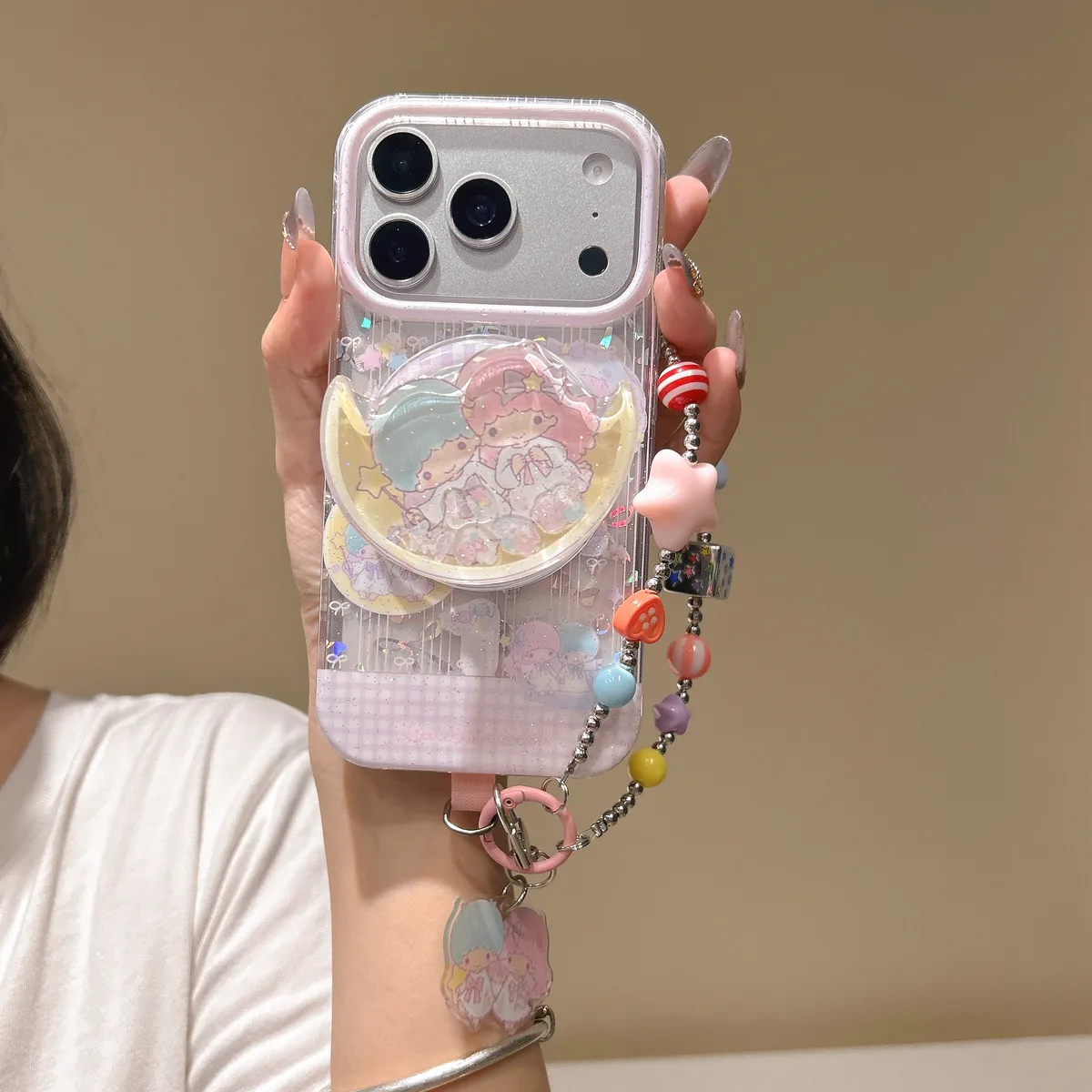 Little Twin Stars Glitter Phone Case with Beaded Strap and Pop Out Grip for iPhone 17 16 15 Pro Max