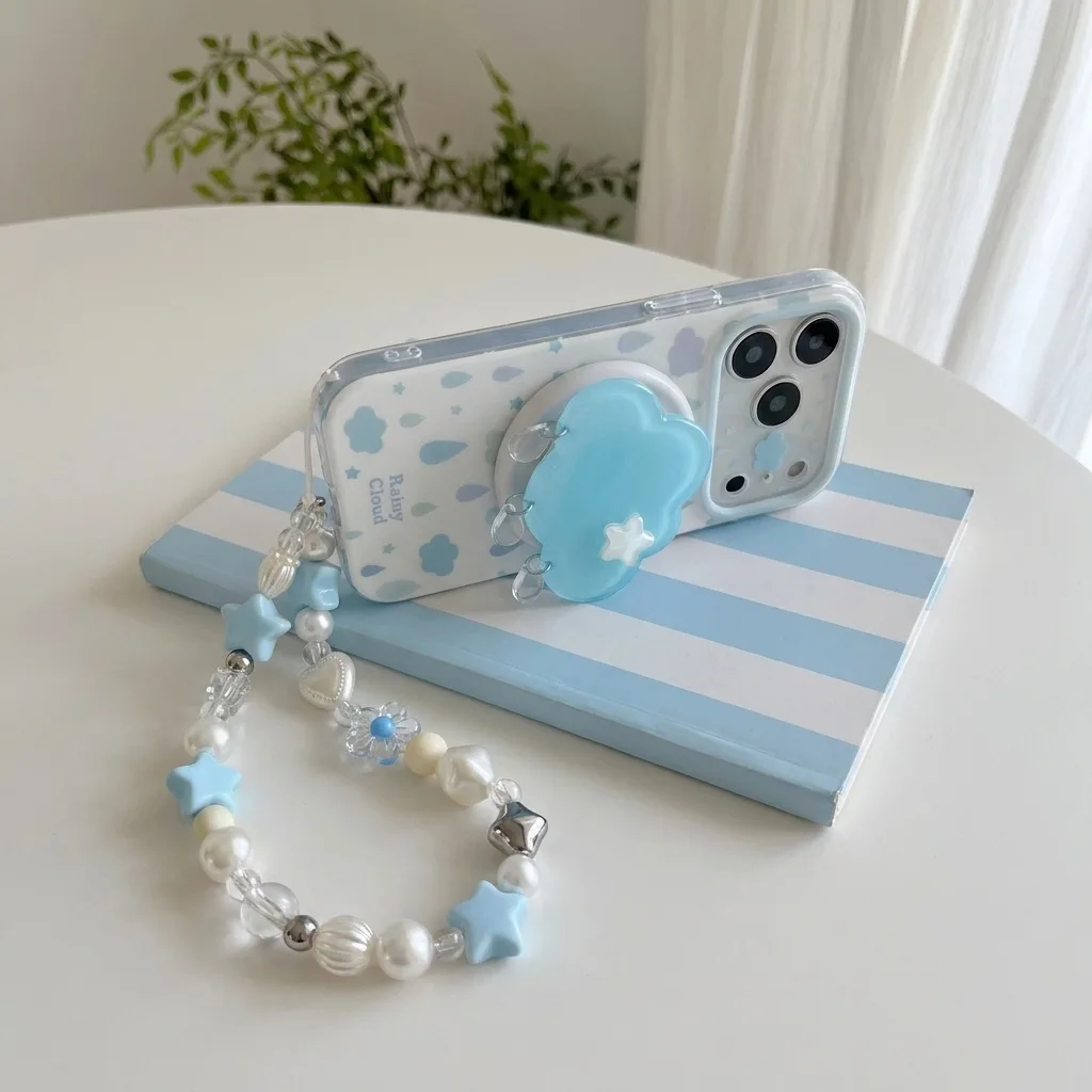 Rainy Cloud Cute Clear Phone Case with 3D Cloud Grip and Beaded Strap for iPhone 17 16 15 Pro Max