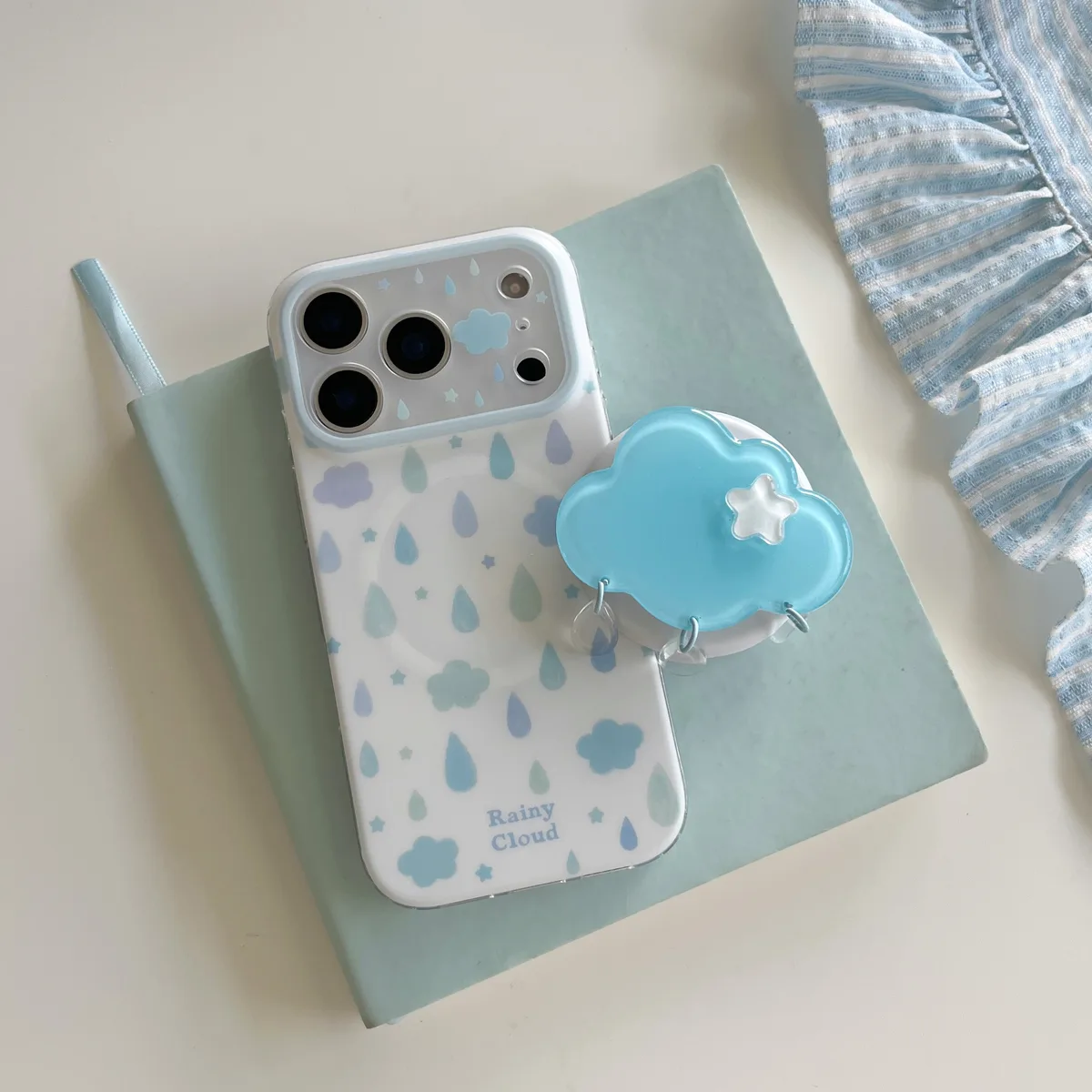 Rainy Cloud Cute Clear Phone Case with 3D Cloud Grip and Beaded Strap for iPhone 17 16 15 Pro Max