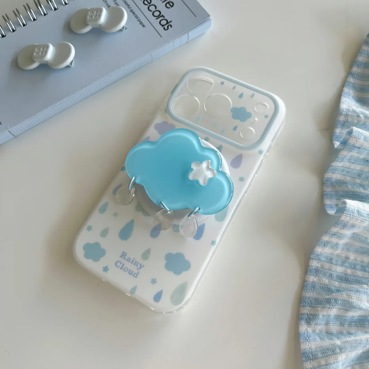 Rainy Cloud Cute Clear Phone Case with 3D Cloud Grip and Beaded Strap for iPhone 17 16 15 Pro Max