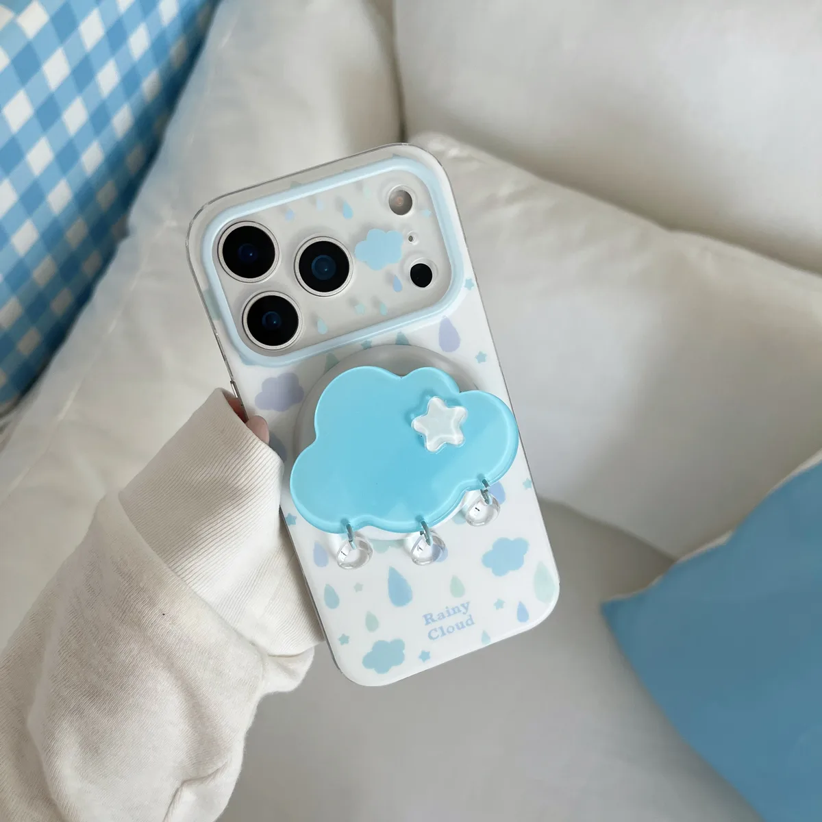 Rainy Cloud Cute Clear Phone Case with 3D Cloud Grip and Beaded Strap for iPhone 17 16 15 Pro Max