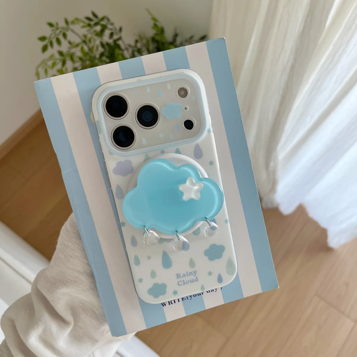 Rainy Cloud Cute Clear Phone Case with 3D Cloud Grip and Beaded Strap for iPhone 17 16 15 Pro Max