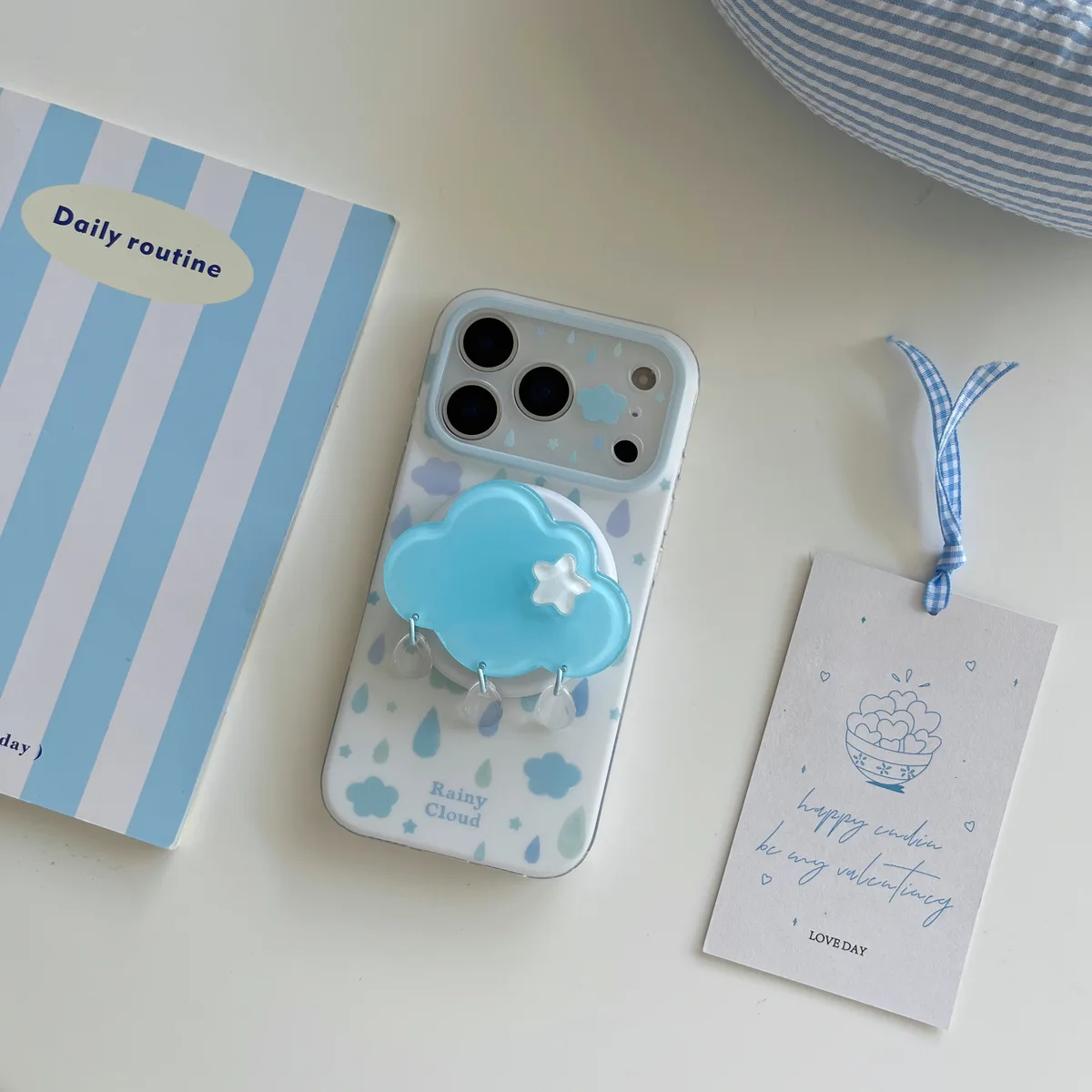 Rainy Cloud Cute Clear Phone Case with 3D Cloud Grip and Beaded Strap for iPhone 17 16 15 Pro Max