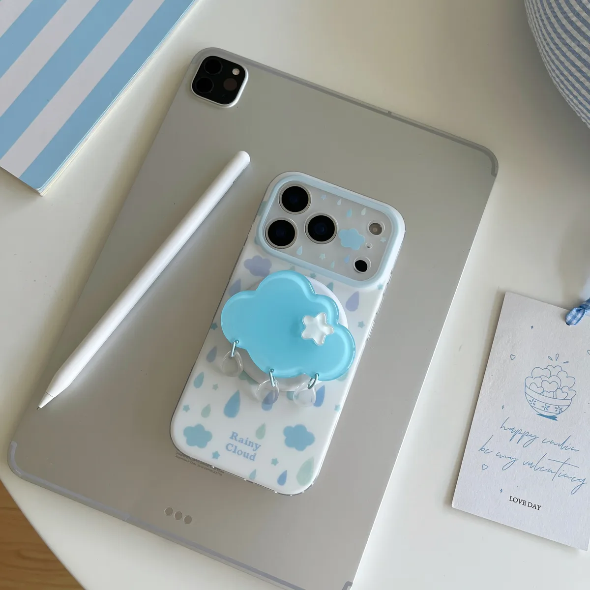 Rainy Cloud Cute Clear Phone Case with 3D Cloud Grip and Beaded Strap for iPhone 17 16 15 Pro Max