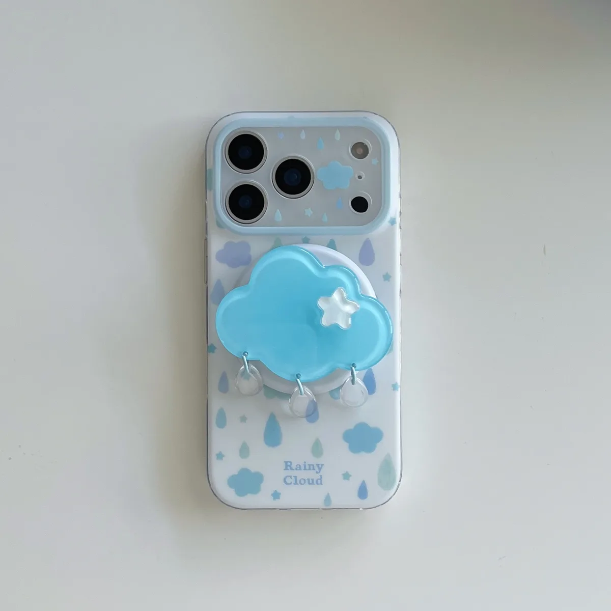 Rainy Cloud Cute Clear Phone Case with 3D Cloud Grip and Beaded Strap for iPhone 17 16 15 Pro Max