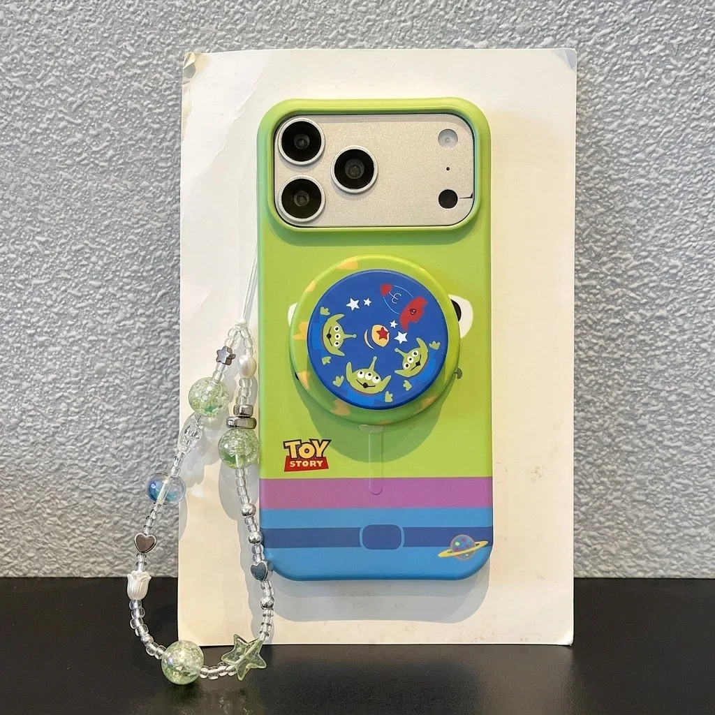 Green Toy Story Alien phone case with a round pop grip and beaded strap