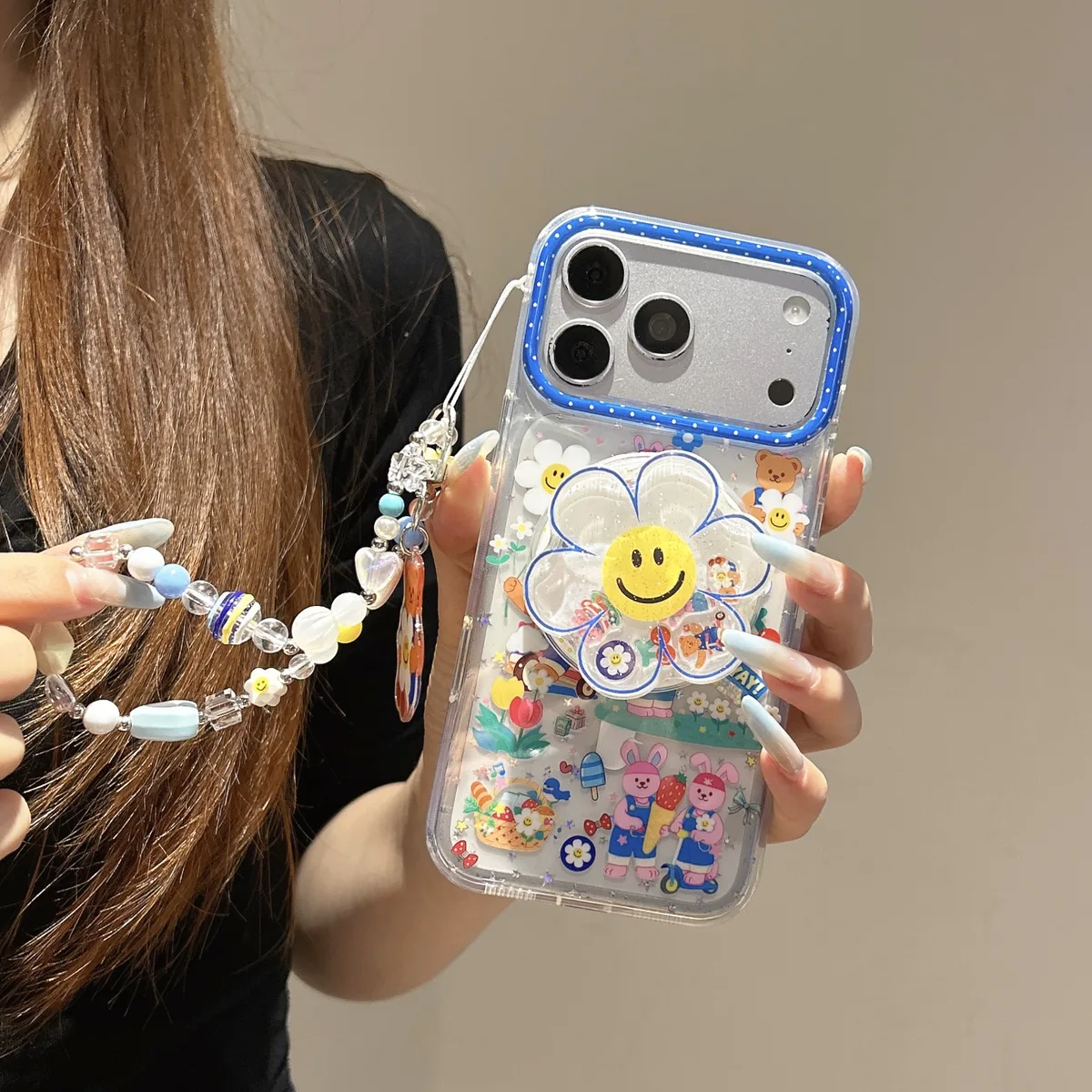 Y2K Smiley Flower Pop Socket Case with Beaded Strap — MagSafe
