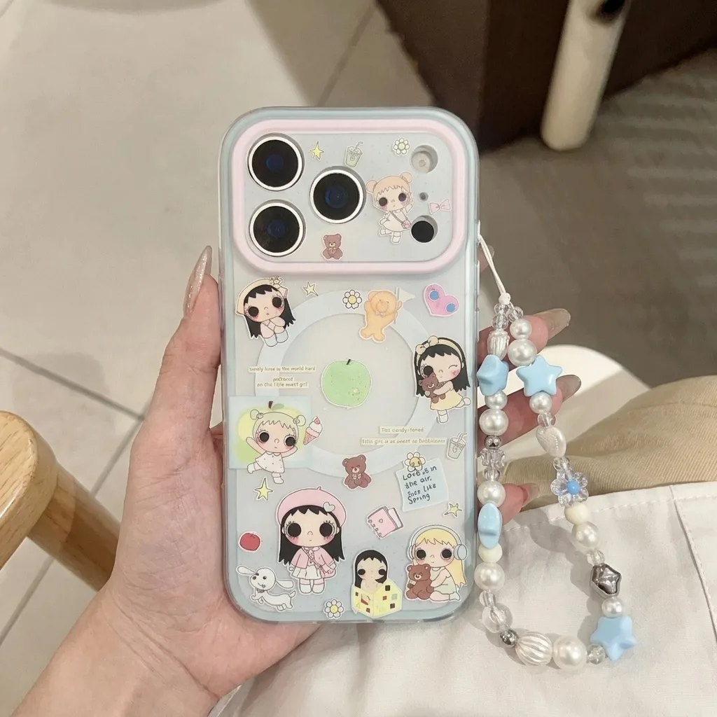 Clear pastel phone case with cartoon stickers and a pearl beaded star charm strap