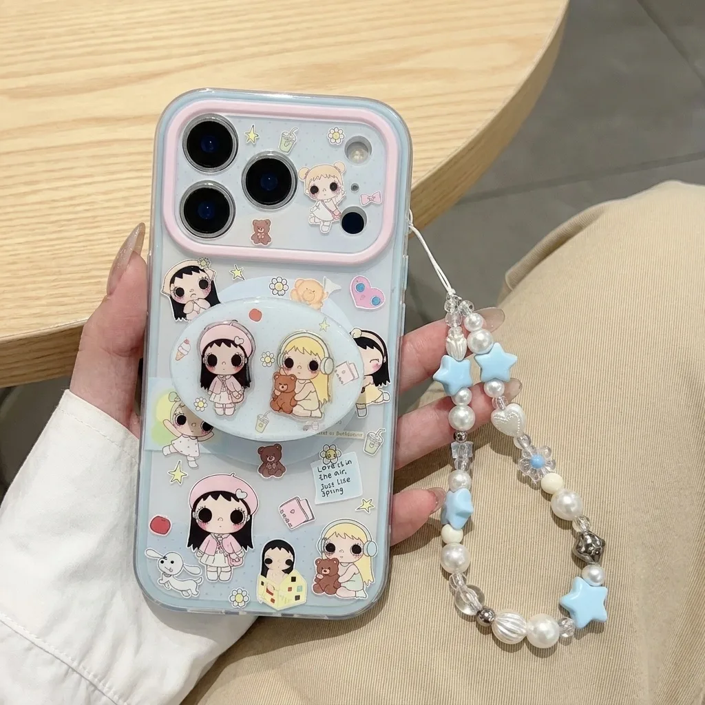 Cute pastel cartoon phone case with beaded charm strap for iPhone 17 16 15 Pro Max
