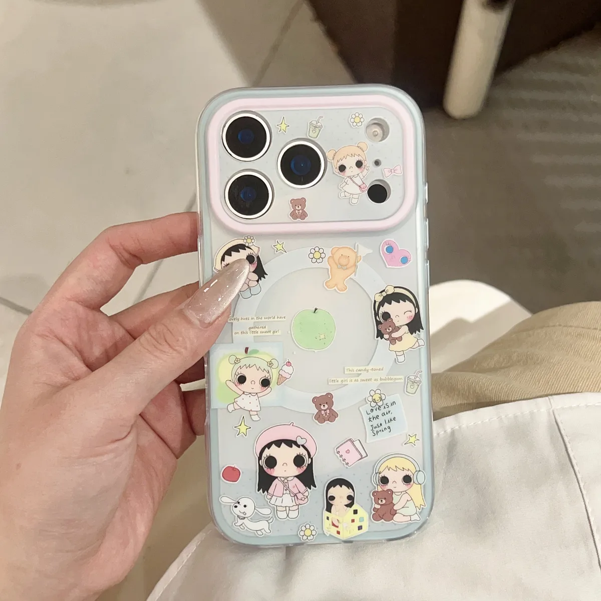 Cute pastel cartoon phone case with beaded charm strap for iPhone 17 16 15 Pro Max