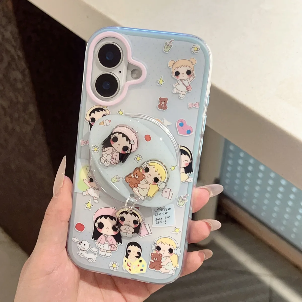Cute pastel cartoon phone case with beaded charm strap for iPhone 17 16 15 Pro Max