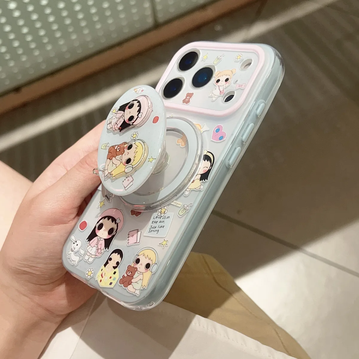 Cute pastel cartoon phone case with beaded charm strap for iPhone 17 16 15 Pro Max