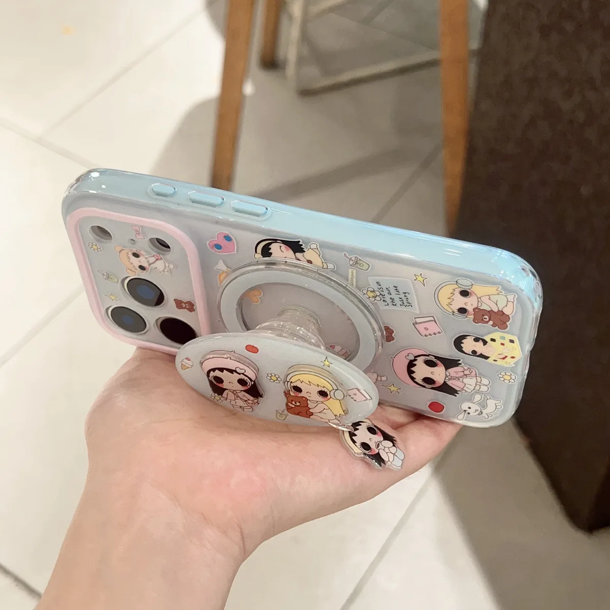 Cute pastel cartoon phone case with beaded charm strap for iPhone 17 16 15 Pro Max