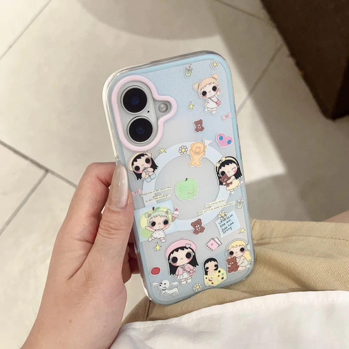 Cute pastel cartoon phone case with beaded charm strap for iPhone 17 16 15 Pro Max