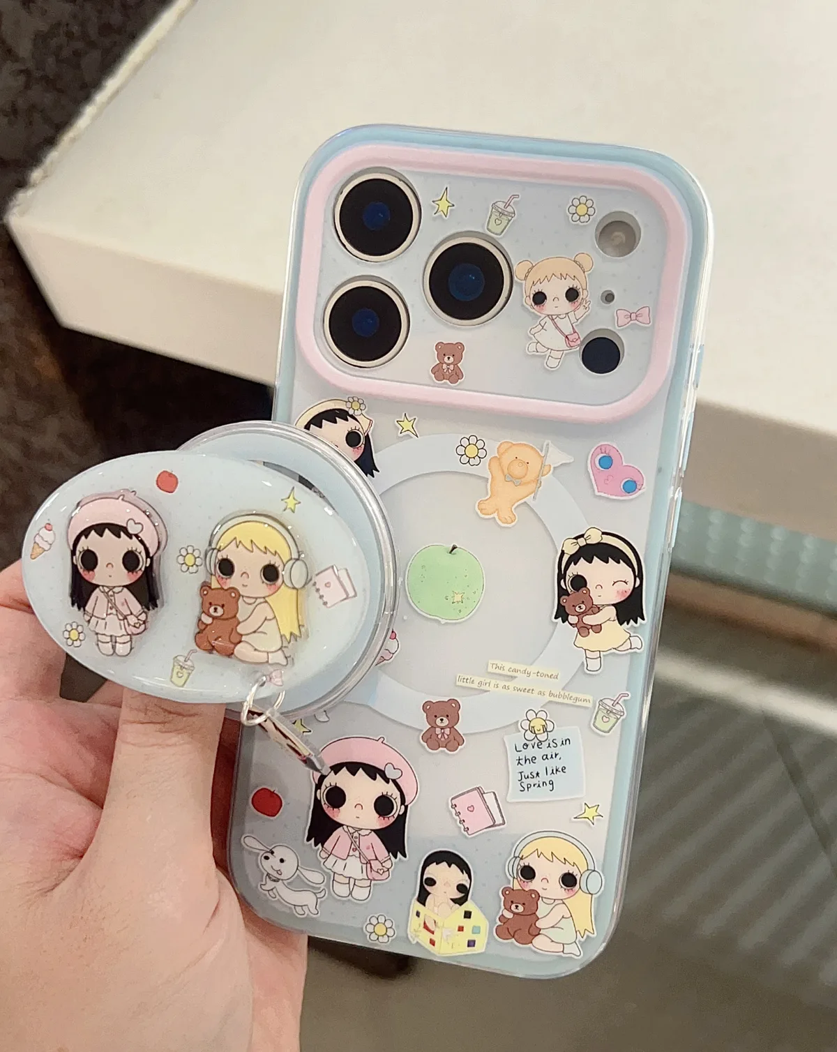Cute pastel cartoon phone case with beaded charm strap for iPhone 17 16 15 Pro Max