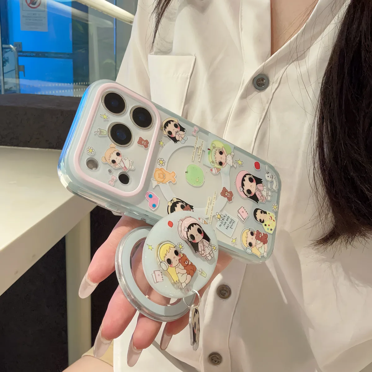 Cute pastel cartoon phone case with beaded charm strap for iPhone 17 16 15 Pro Max