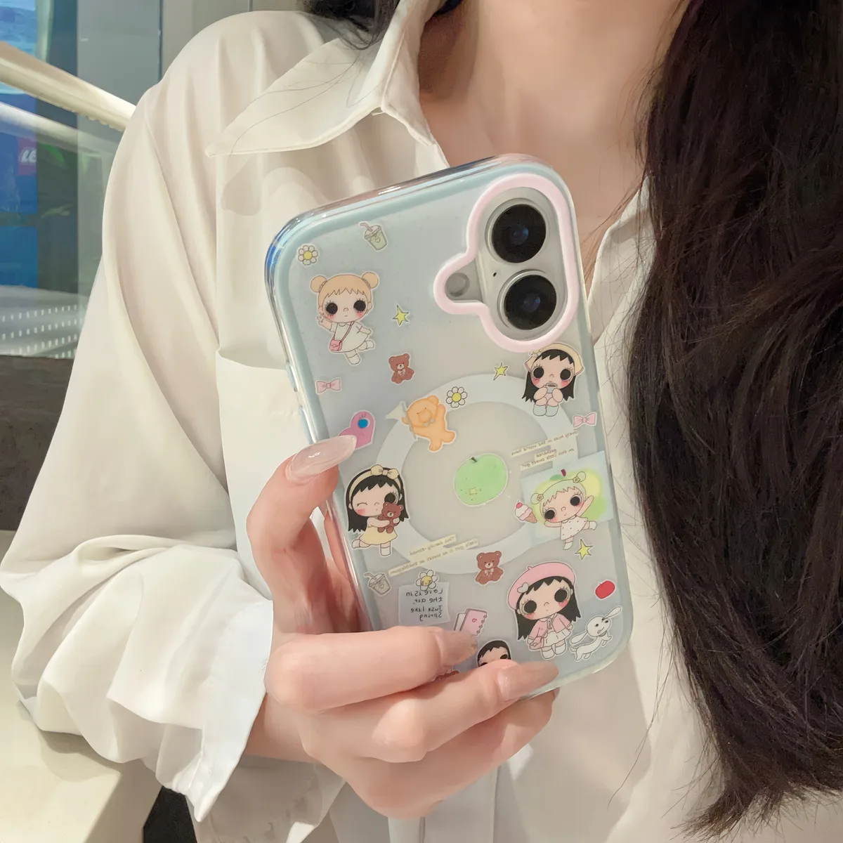 Cute pastel cartoon phone case with beaded charm strap for iPhone 17 16 15 Pro Max
