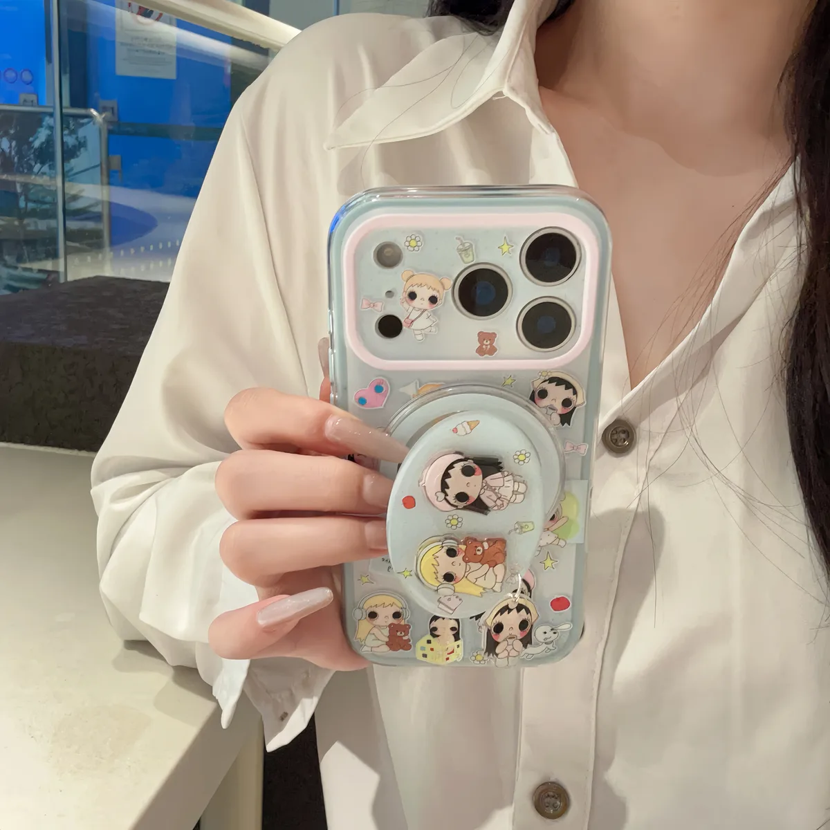 Cute pastel cartoon phone case with beaded charm strap for iPhone 17 16 15 Pro Max
