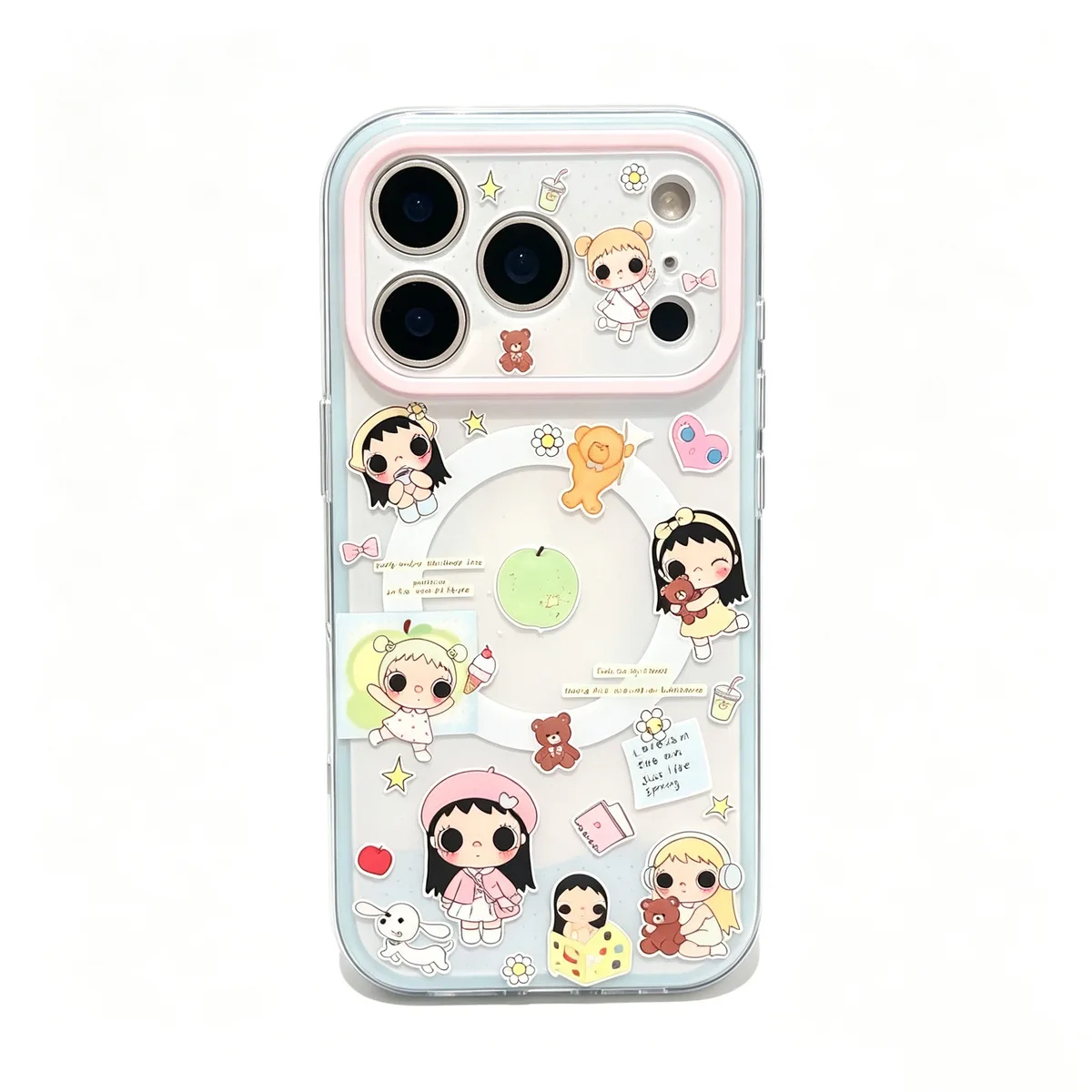 Cute pastel cartoon phone case with beaded charm strap for iPhone 17 16 15 Pro Max