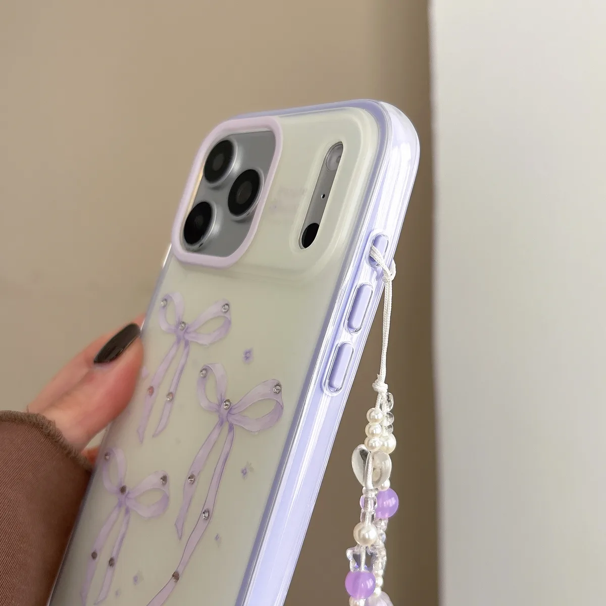 Purple Bow Kawaii Phone Case with Beaded Strap
