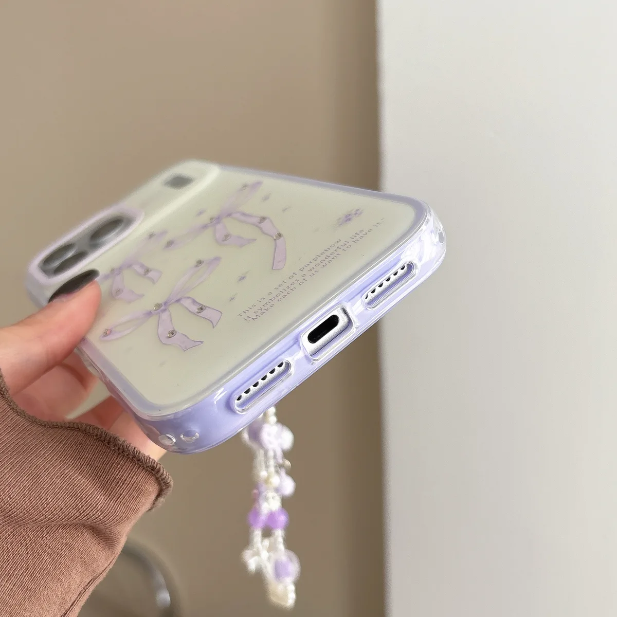 Purple Bow Kawaii Phone Case with Beaded Strap