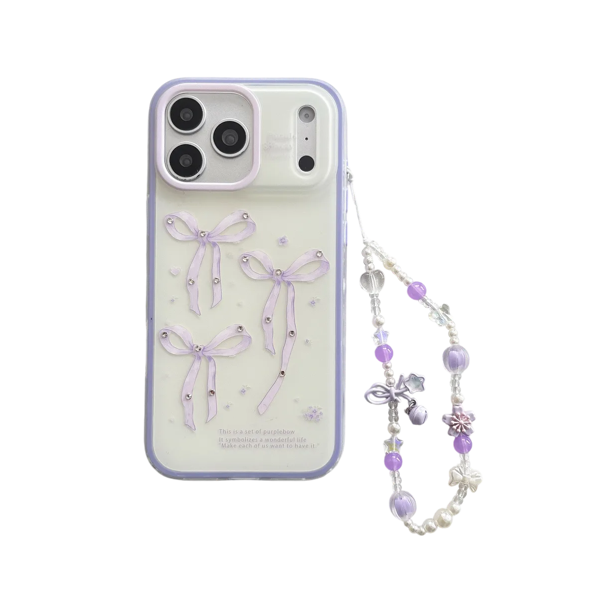 Purple Bow Kawaii Phone Case with Beaded Strap