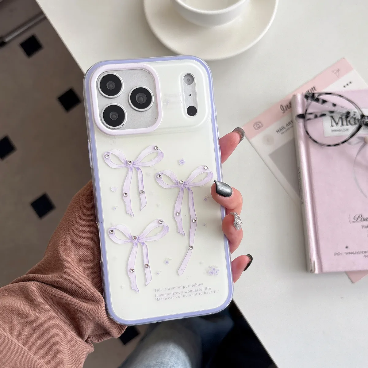 Purple Bow Kawaii Phone Case with Beaded Strap