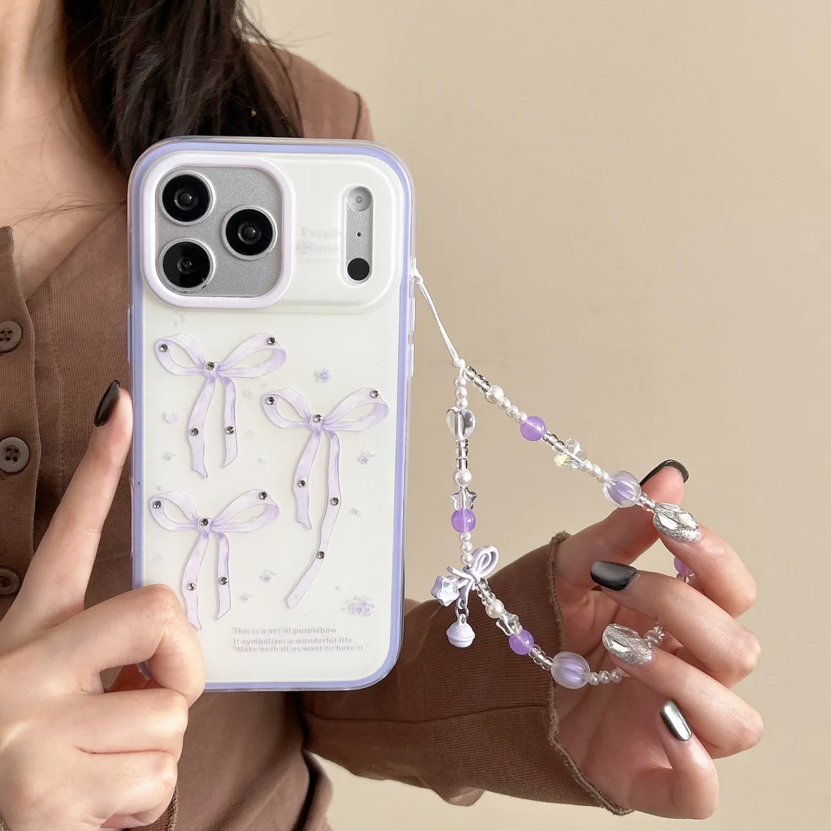 Purple Bow Kawaii Phone Case with Beaded Strap