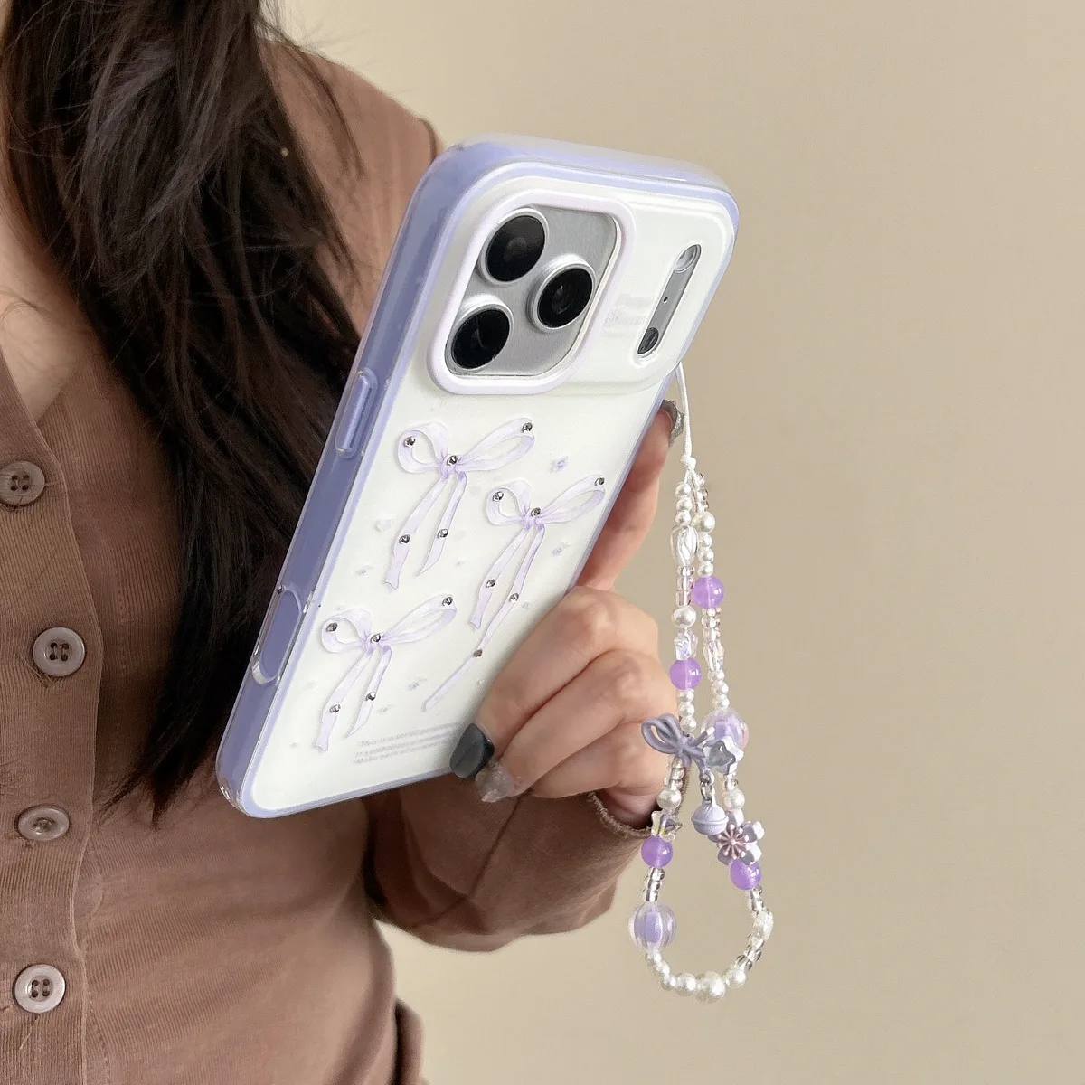 Purple Bow Kawaii Phone Case with Beaded Strap