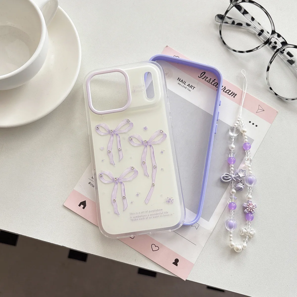 Purple Bow Kawaii Phone Case with Beaded Strap