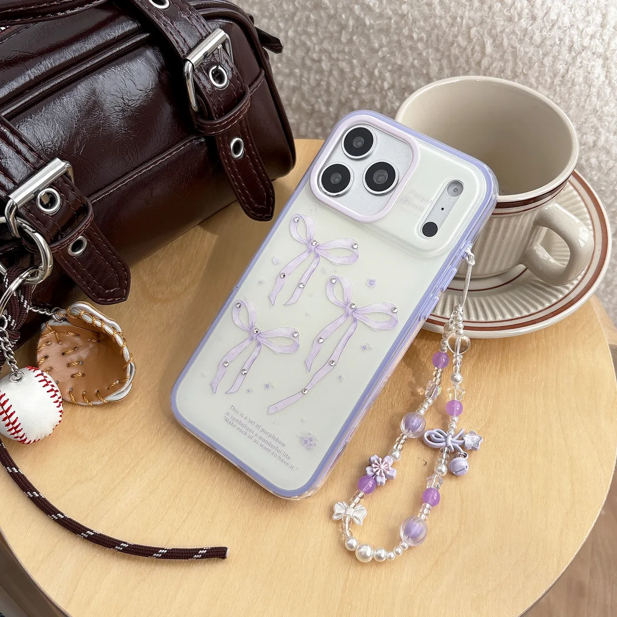 Purple Bow Kawaii Phone Case with Beaded Strap
