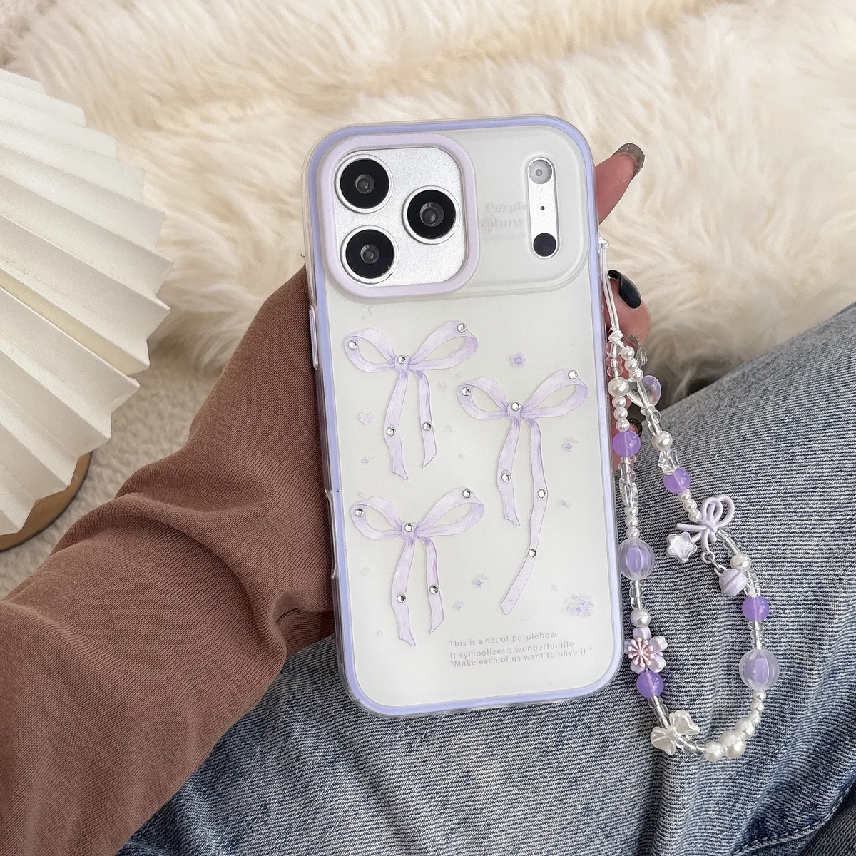 Purple Bow Kawaii Phone Case with Beaded Strap